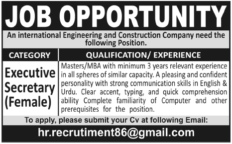 Executive Secretary Required by an International Engineering and Construction Company