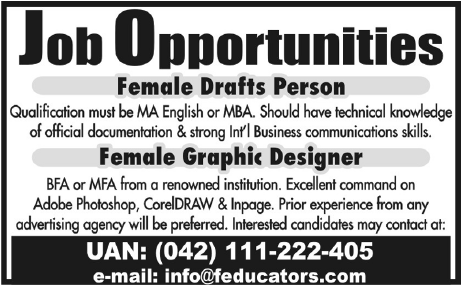 Female Drafts Person and Female Graphic Designer Required in Lahore