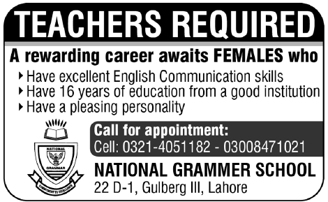 National Grammar School Lahore Required Teachers