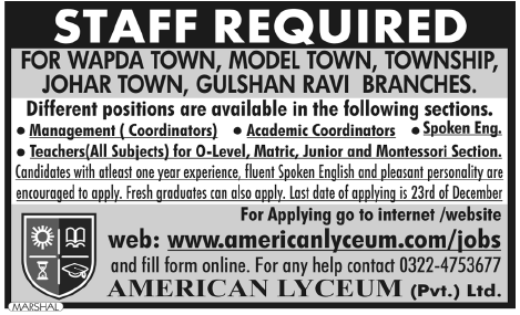 American Lyceum Pvt Ltd Required Staff