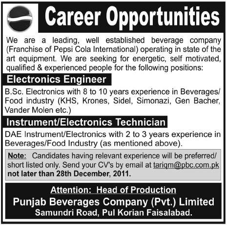 Punjab Beverages Company Pvt Limited Required Electronics Engineer and Instrument/Electronic Technicians