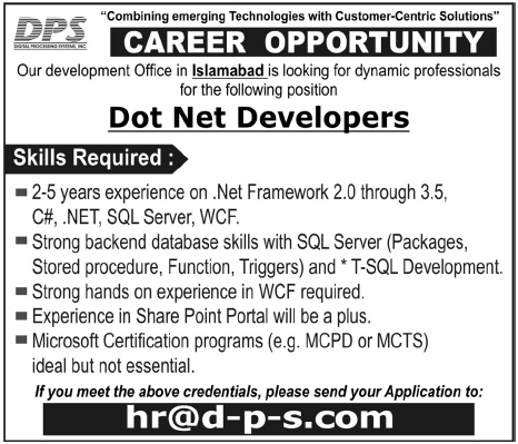 DPS Required Dot Net Developers for Islamabad Office