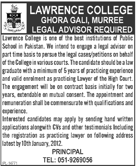 Lawrence College Ghora Gali Murree Required Legal Advisor