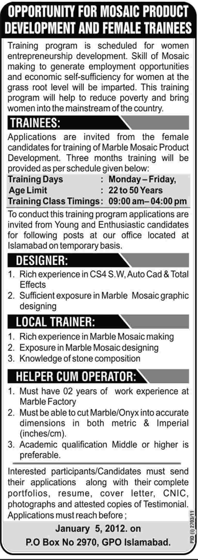 Jobs Opportunity for Mosaic Product Development and Female Trainees