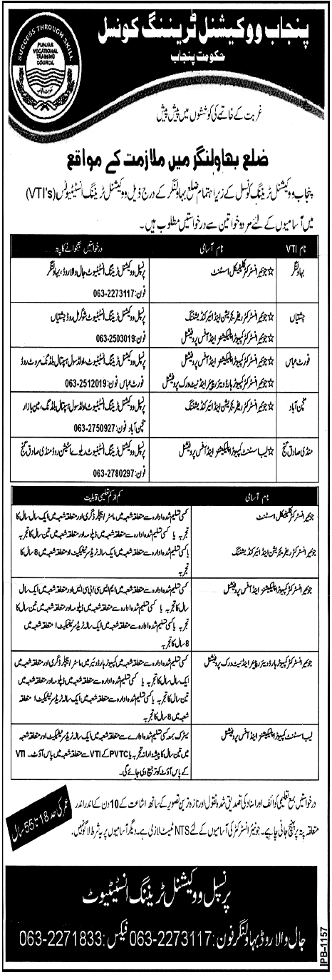 Punjab Vocational Training Council, District Bahawalnagar Jobs Opportunities