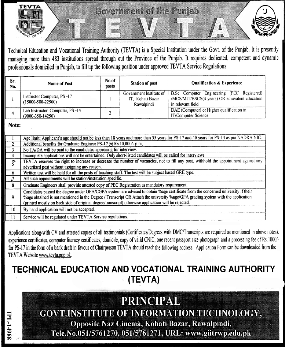 TEVTA Required Instructors for Rawalpindi