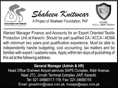 Shaheen Knitwear Karachi Required Manager Finance and Accounts