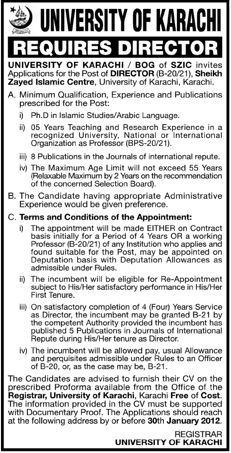 University of Karachi Required the Services of Director