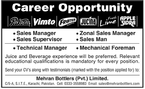 Mehran Bottlers Karachi Required Staff