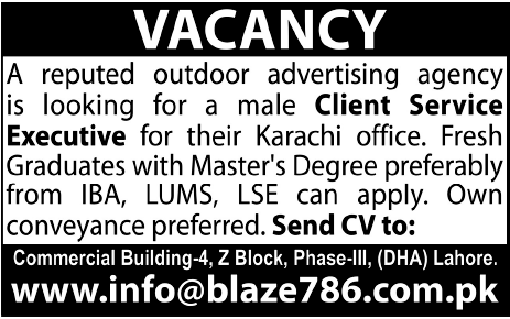 Client Service Executive Required in Karachi by an Advertising Agency