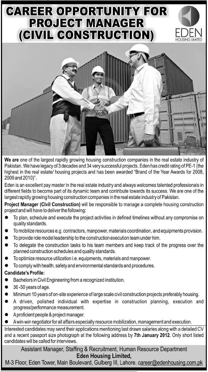 EDEN Housing Limited Required Project Manager (Civil Construction)
