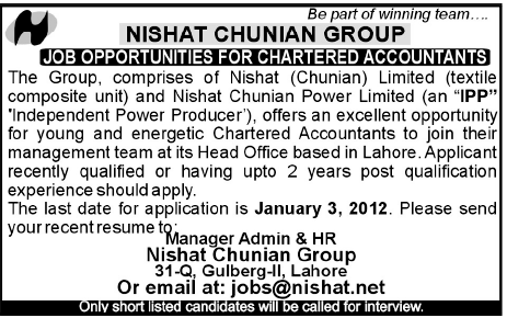 Nishat Chunian Group Lahore Required Chartered Accountants