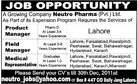 Neutro Pharma Pvt Ltd Required Staff