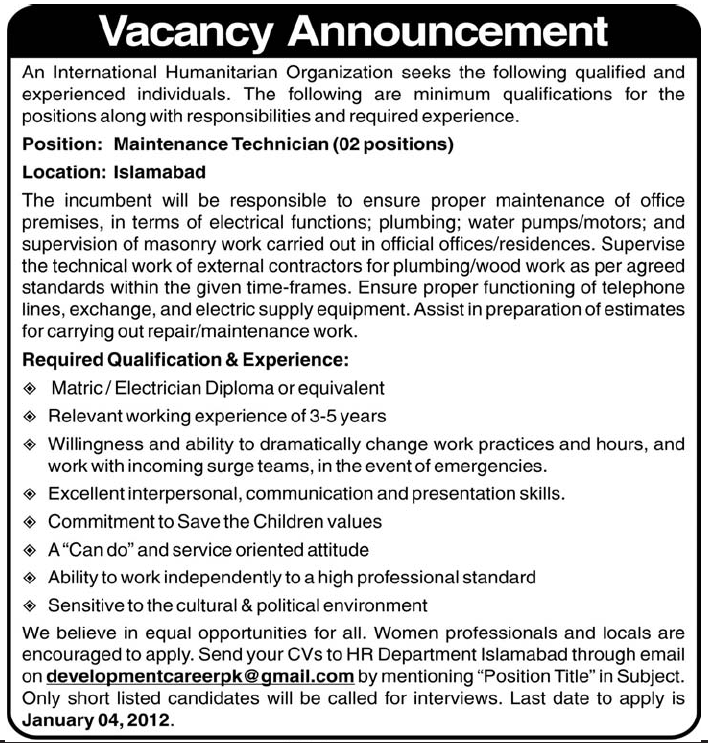 International Humanitarian Organization Required Maintenance Technician