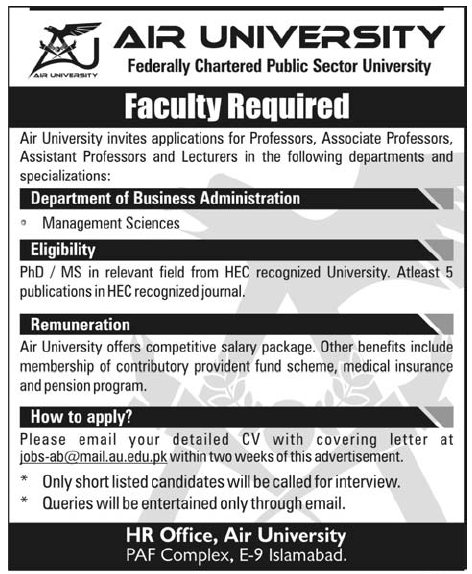 AIR University Islamabad Required Faculty