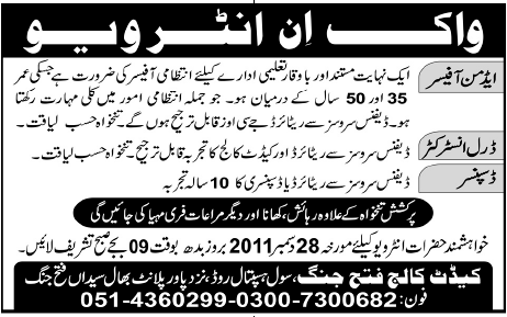 Cadet College Fateh Jang Required Staff