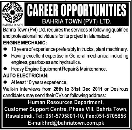 Bahria Town Rawalpindi Required Engine Mechanic and Auto Electrician
