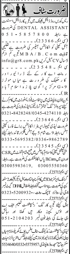 Misc. Jobs in Rawalpindi Jang Classified