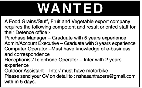 Food Grains/Stuff, Fruit and Vegetable Export Company Required Staff