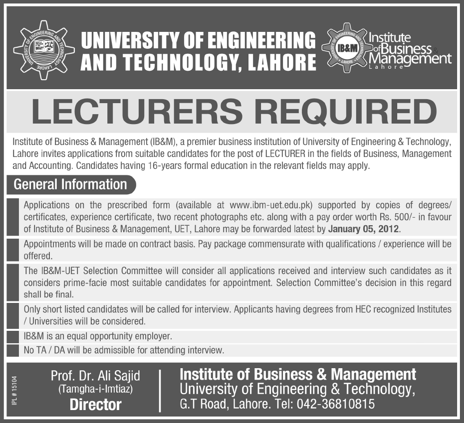 UET Lahore Required Lecturers