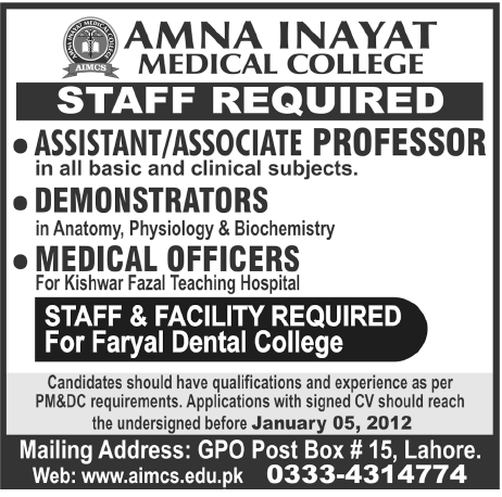 Amna Inayat Medical College Lahore Required Staff