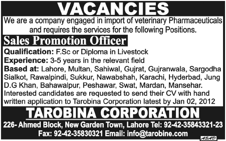 Sales Promotion Officers Required by Tarobina Corporation