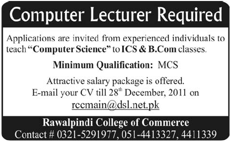 Rawalpindi College of Commerce Required Computer Lecturer
