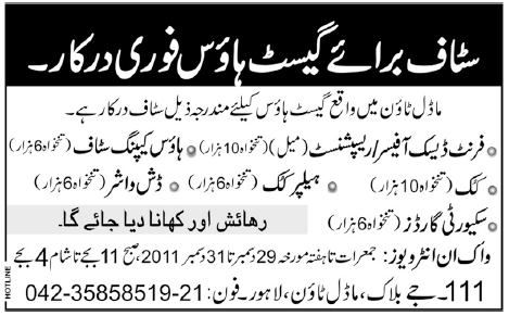 Staff Required for Guest House in Model Town Lahore
