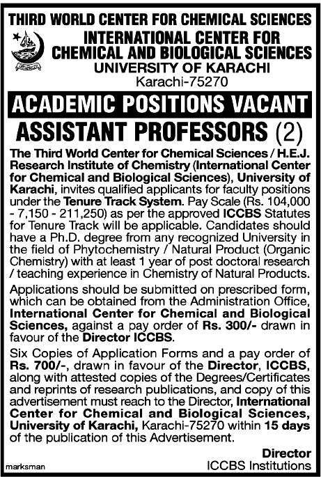 International Center for Chemical and Biological Sciences, University of Karachi Required Assistant Professors