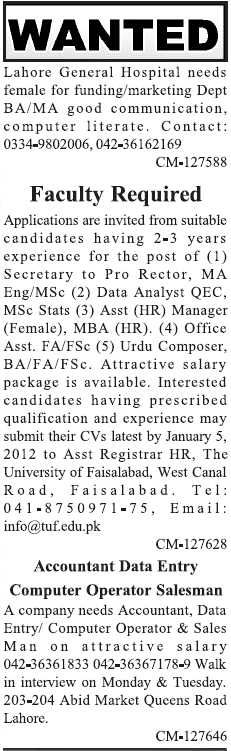 Misc. Jobs in Lahore Jang Classified 1