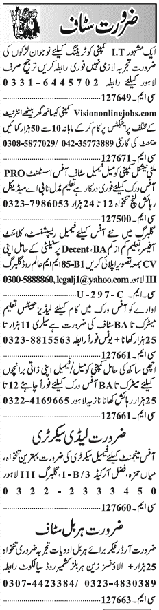 Misc. Jobs in Lahore Jang Classified 3