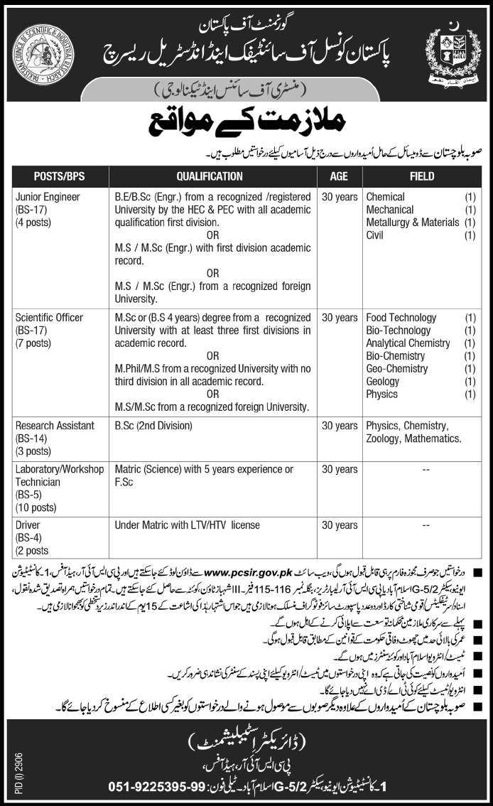 Pakistan Council of Scientific and Industrial Research Jobs Opportunity