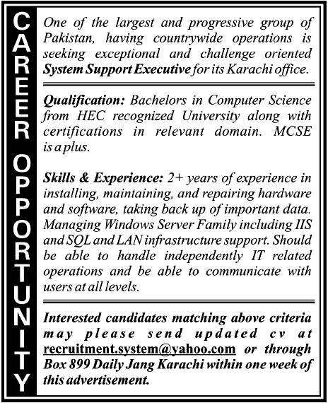 System Support Executive Required for Karachi