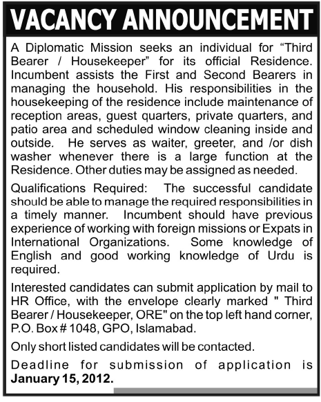 House Keeper Required by Diplomatic Mission