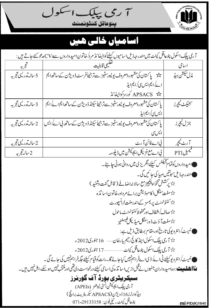 Army Public Education Pano Aqil Cantt Required Staff