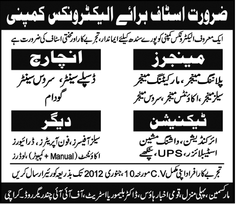 Electronics Company Required Staff for Sindh