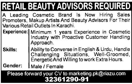 Retail Beauty Advisers Required by a Cosmetic Company in Karachi