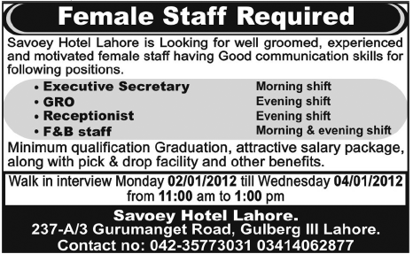 Savoey Hotel Lahore Required Female Staff