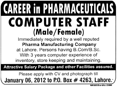 Pharma Manufacturing Company in Lahore Required Staff