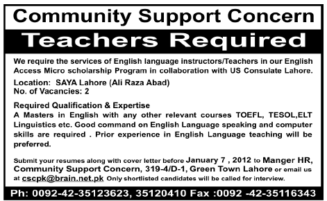 Community Support Concern Lahore Required Teachers