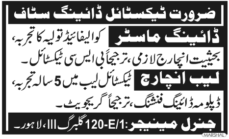 Textile Designing Staff Required in Lahore