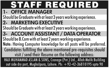 Haji Muhammad Aslam & Sons, Cranage Pvt Ltd Lahore Required Staff