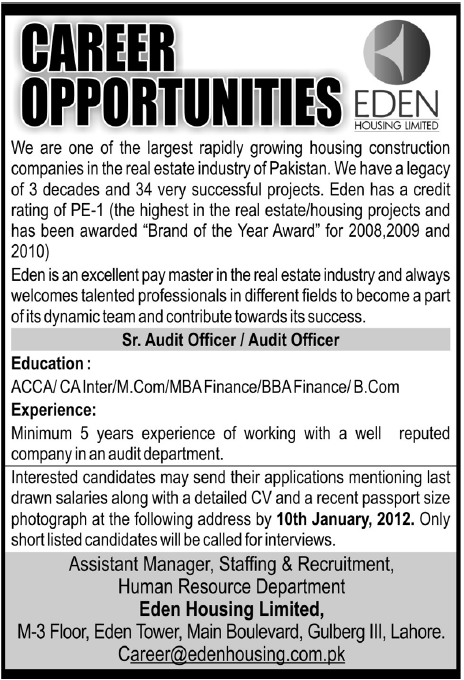 EDEN Housing Limited Required Sr. Audit Officer/Audit Officer