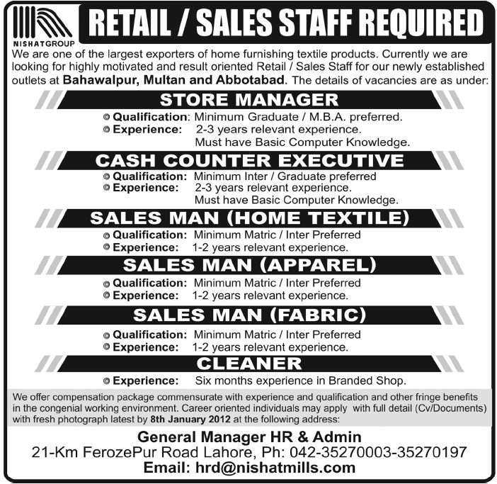 NISHAT Group Required Retail/Sales Staff