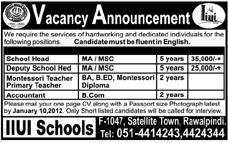 IIUI School Rawalpindi Required Staff