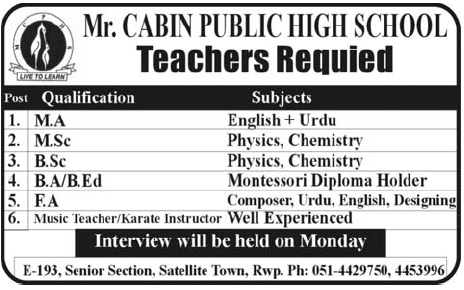 Mr. Cabin Public High School Rawalpindi Required Teachers