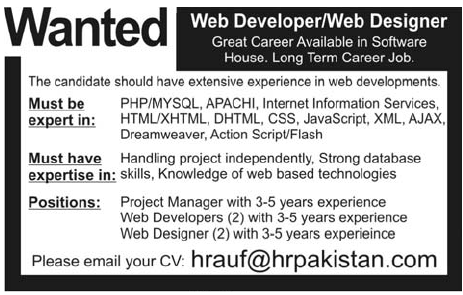 Web Developer/Web Designer Required by a Software House