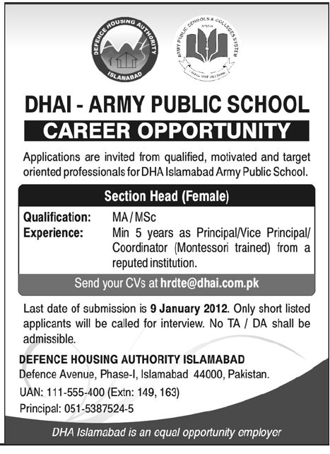 DHAI-Army Public School Islamabad Required Section Head (Female)