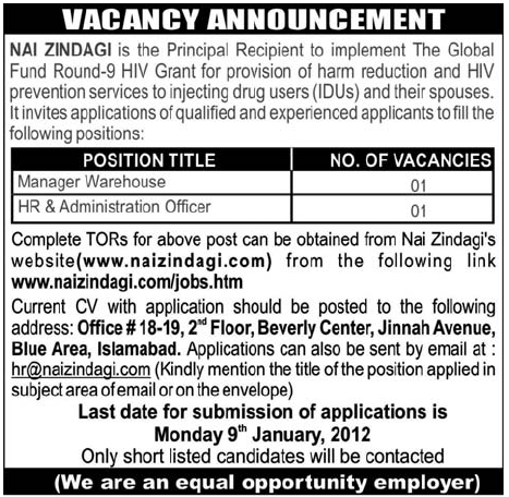 NAI ZINDAGI Islamabad Required Manager Warehouse and HR & Administration Officer
