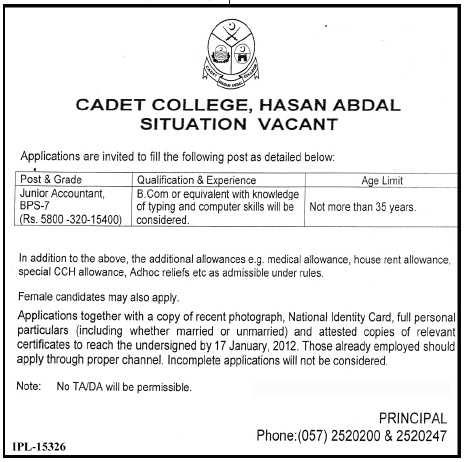 Cadet College, Hasan Abdal Required Junior Accountant
